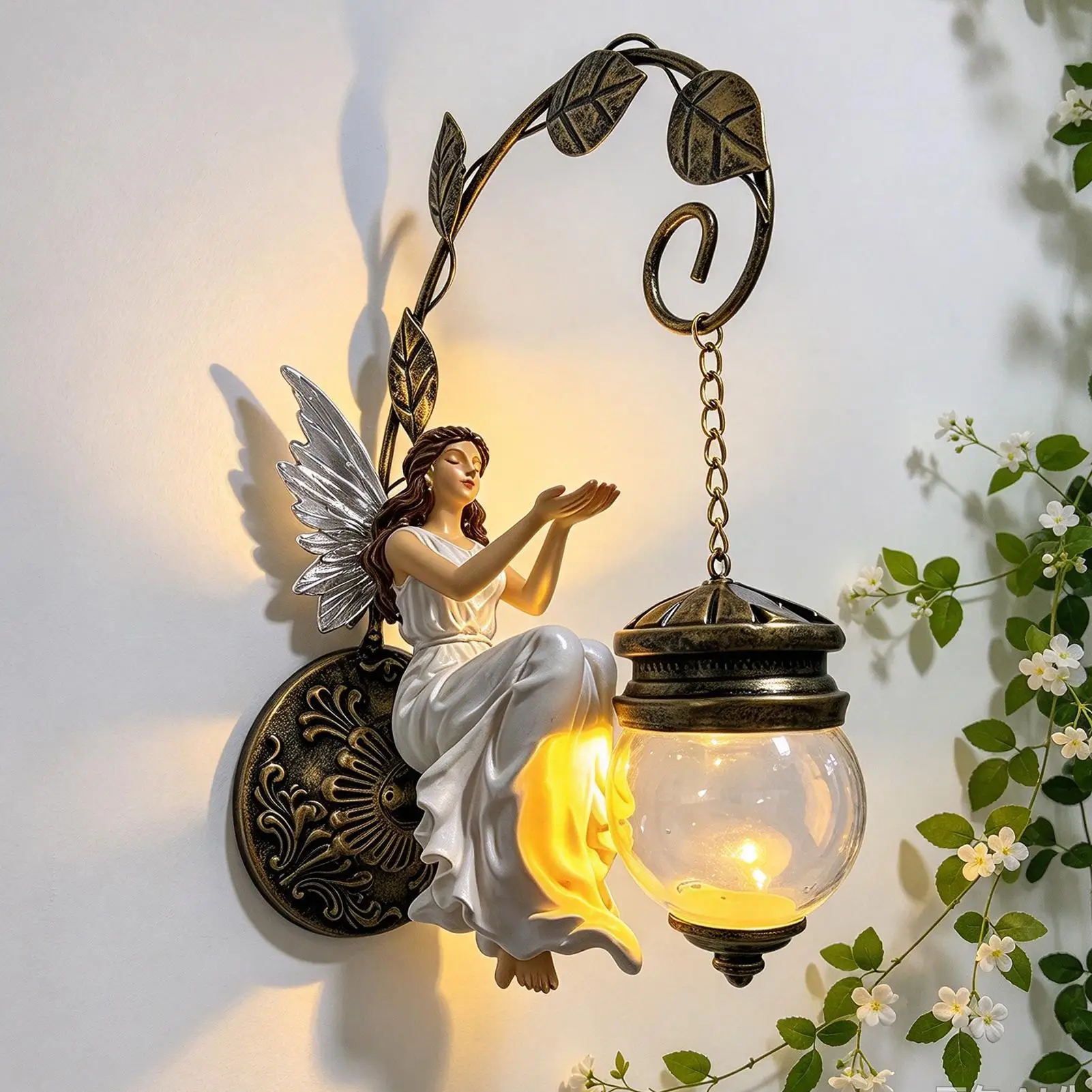 Fairy Wall Lamp Farmhouse Rustic Floral Lantern Decor Vintage Warm Glow Fairy Light for Porch Patio Garden Home Wall Decoration