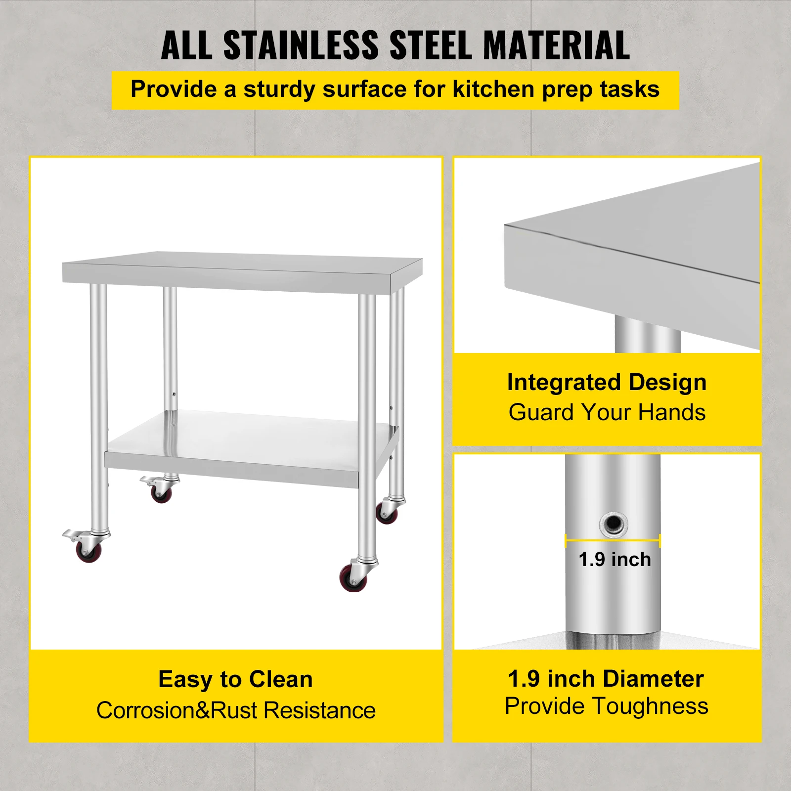 SucceBuy 36 x 30 inch Stainless Steel Work Table with 4 Wheels Heavy Duty Food Prep Worktable for Commercial Kitchen Restaurant