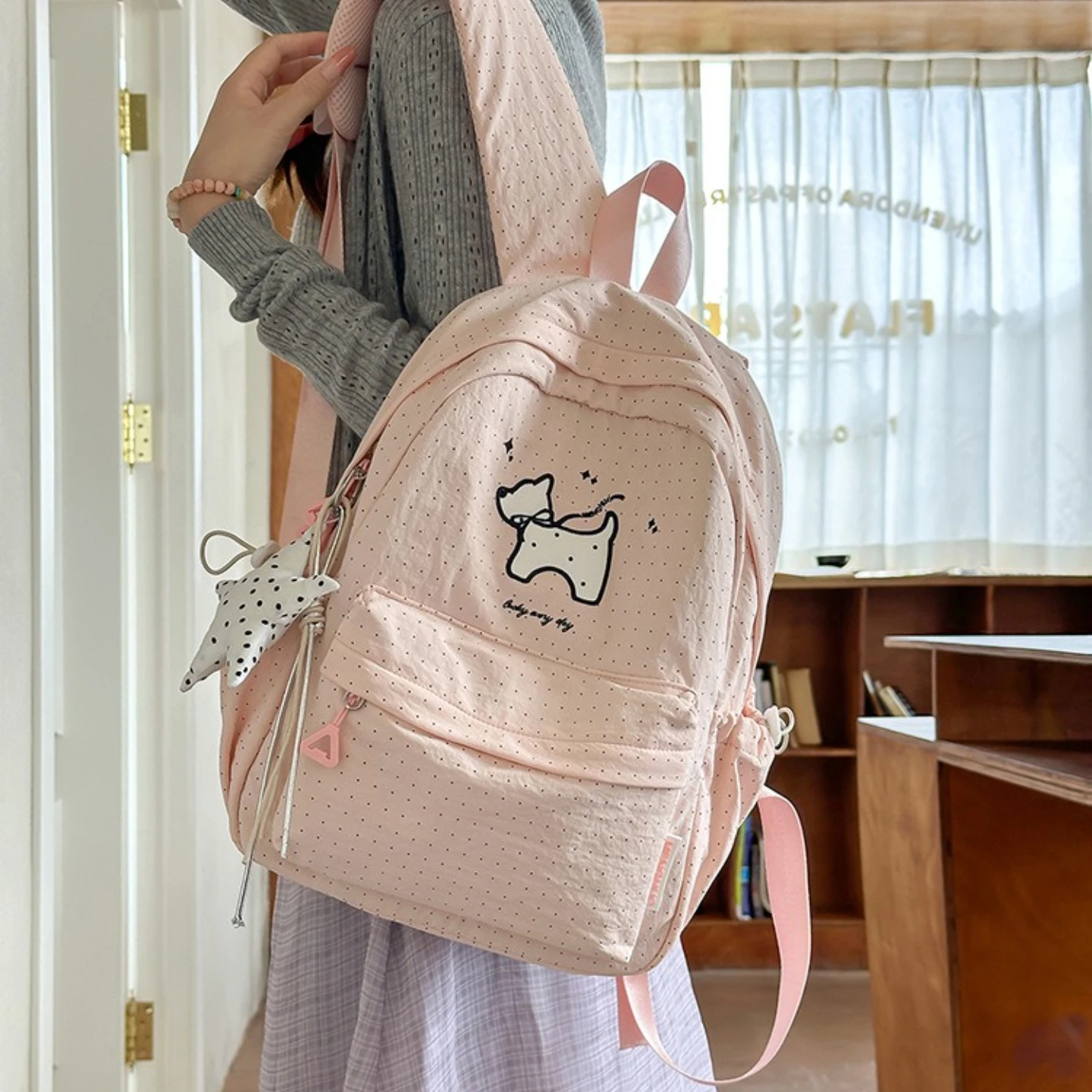 Women Nylon Backpack Girls Cute Polka Dot School Bag Lightweight Daily Travel Rucksack with Animal Line Art Front Pocket