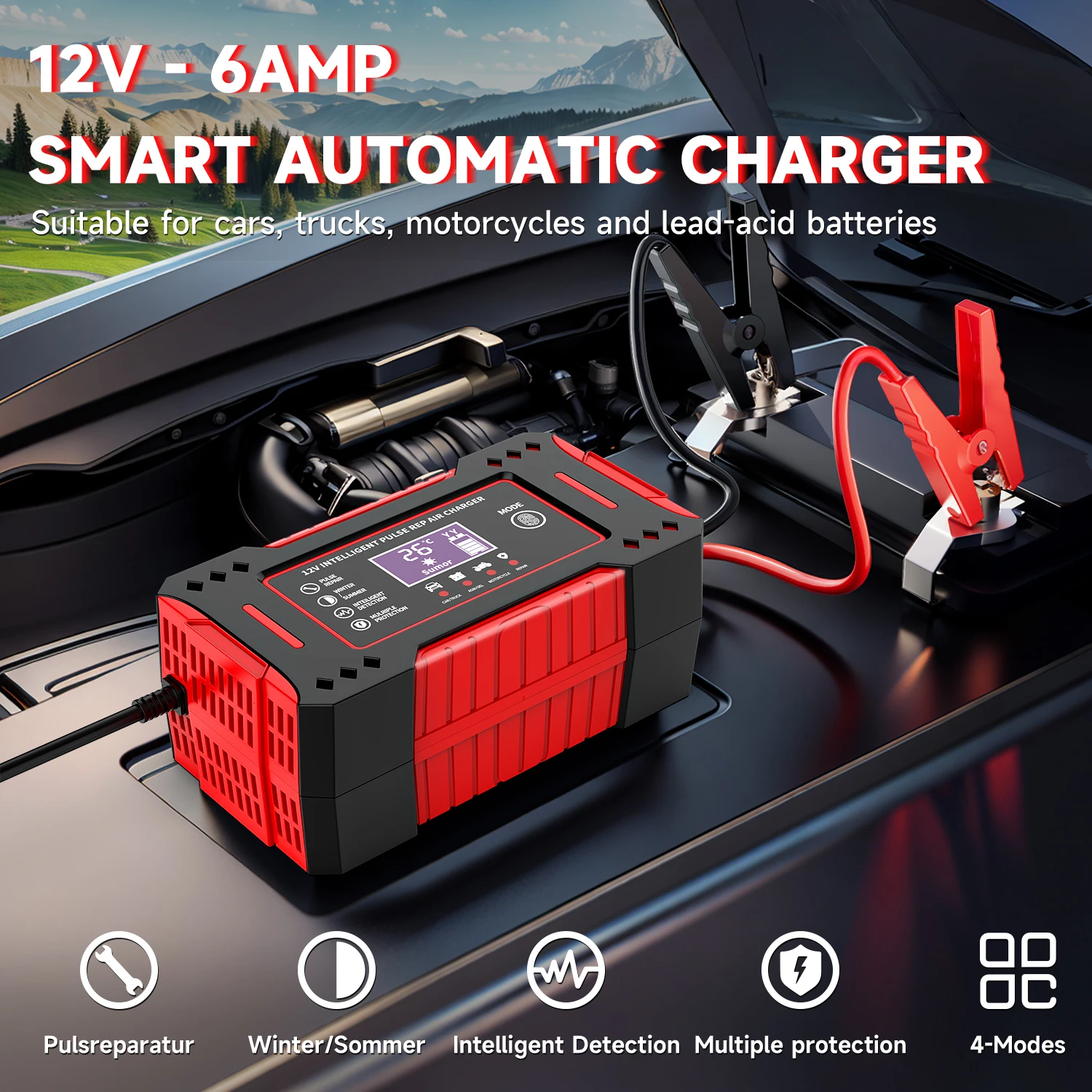 

6A 12V Repair LCD Display Intelligent Car Battery Charger Car and Motorcycle Battery Charging Unit Lead-Acid Battery