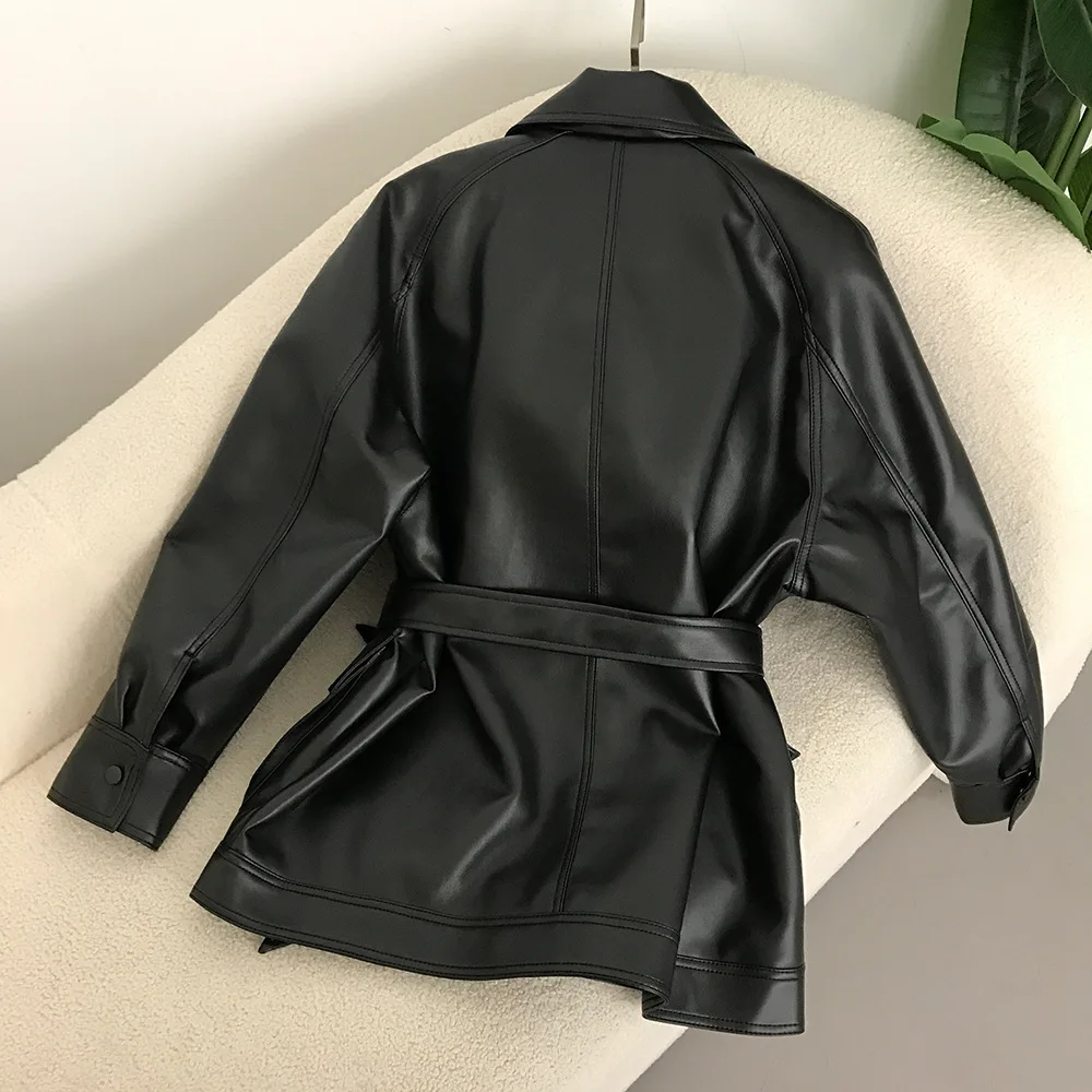 Autumn/Winter Lapel PU Windbreaker For Women Multi Pocket With Belt Fake Leather Jackets American Fashion High Street Black Coat