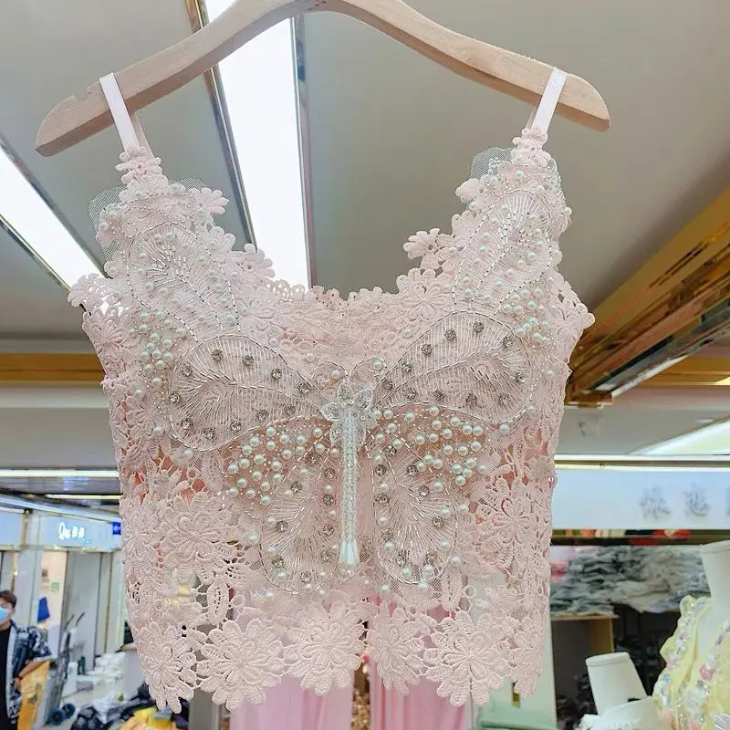 Crop Top Lace Camisole Top for Women 2024 Summer New Sweet Heavy Industry Beads Butterfly Pattern Inner Vest Women Clothing