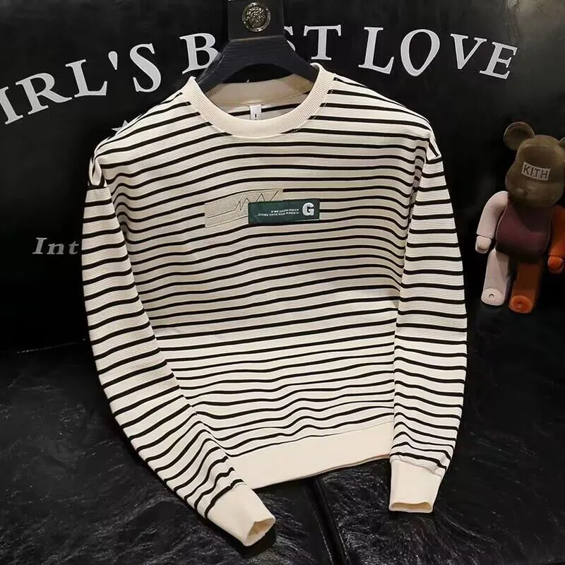 New Autumn Fashion Brand Lazy Stripe Embroidery Premium Round Neck Versatile Loose and Simple Casual Men's Long Sleeve Sweater