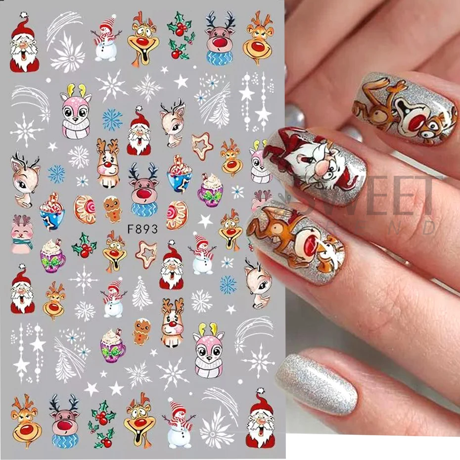 Süße Weihnachten Nail Art Aufkleber Kawaii Schneeflocke Hirsch Weihnachtsmann Star Holly Winter Weihnachten Neujahr 3D Aufkleber Slider Maniküre Tipps