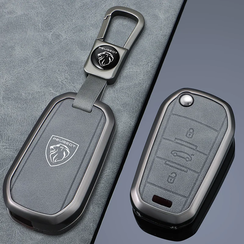 Zine Alloy Leather Car Key Case Full Cover Shell Holder Protection Fob For Peugeot 208 308 408 508 2008 3008 4008 5008 Accessory