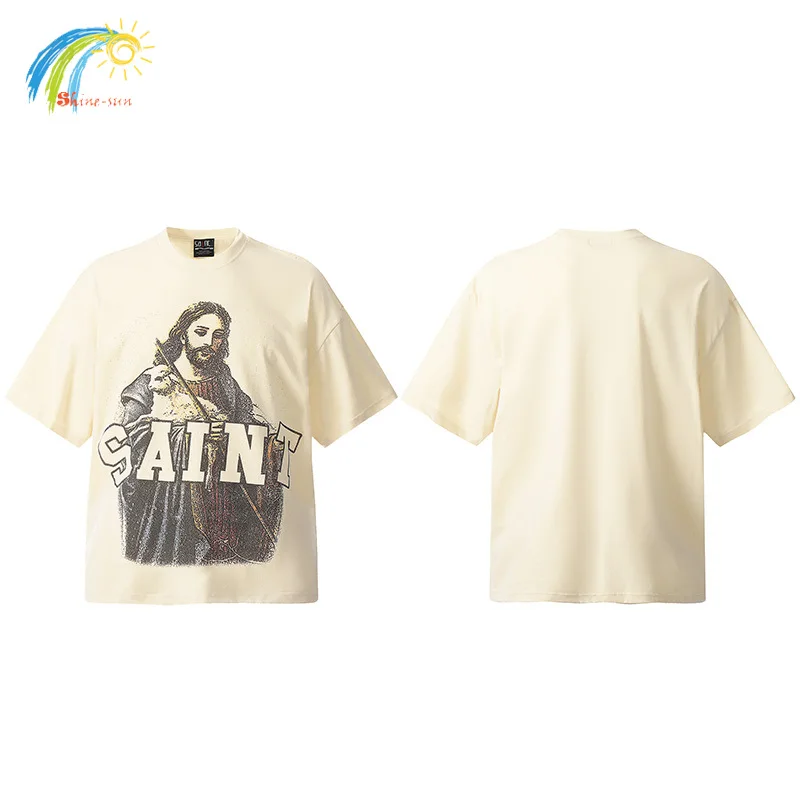 

Винтажная хлопковая Футболка с принтом Иисуса, потертая персиковая футболка с изображением святой, для мужчин и женщин, тяжелая ткань, футболка с короткими рукавами и бирками