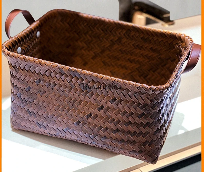 Premium Storage Basket for Laundry, Imitation Rattan, Pu Handle, Dolly Tub, Snack Toy