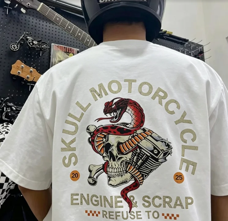 2026 New Family Matching Unisex Oversized T Shirt Skull Snake Motorcycle Engine Back Print Black Streetwear Tops