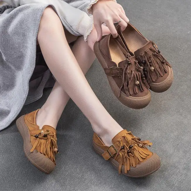 ربيع الخريف جلد طبيعي حذاء مسطح للنساء مع باطن لينة شرابة الرجعية أحذية نسائية مع طبقة علوية جلد البقر حذاء كاجوال