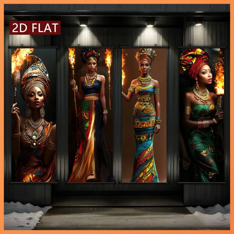 VIKAMA African Woman Torch Wall Tapestry Flame Colorful Dress Gold Jewelry Portrait Oil Painting Scroll Art Home Decor Cozy Room