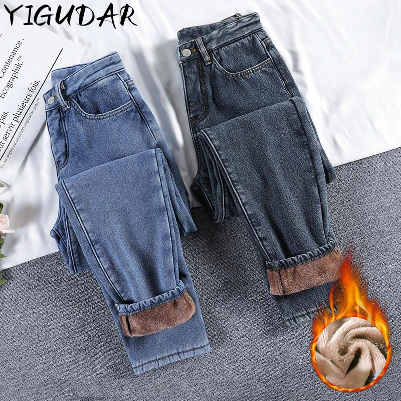 Winter Jeans Frauen Vliese in verdicken den Jeans hosen hohe Taille warme Hose weibliche Jeans gerade Hosen Streetwear Jeans