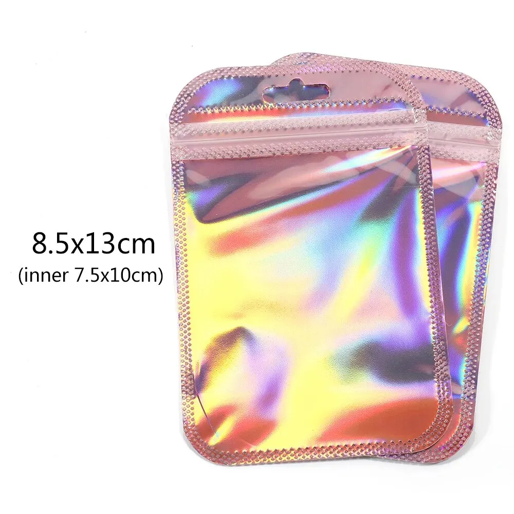 50pcs 8.5x13cm Pink Zipper Bag Thicken Transparent Laser Plastic Bag Sealing Pouches for Jewelry Display Nail Cosmetic Packaging