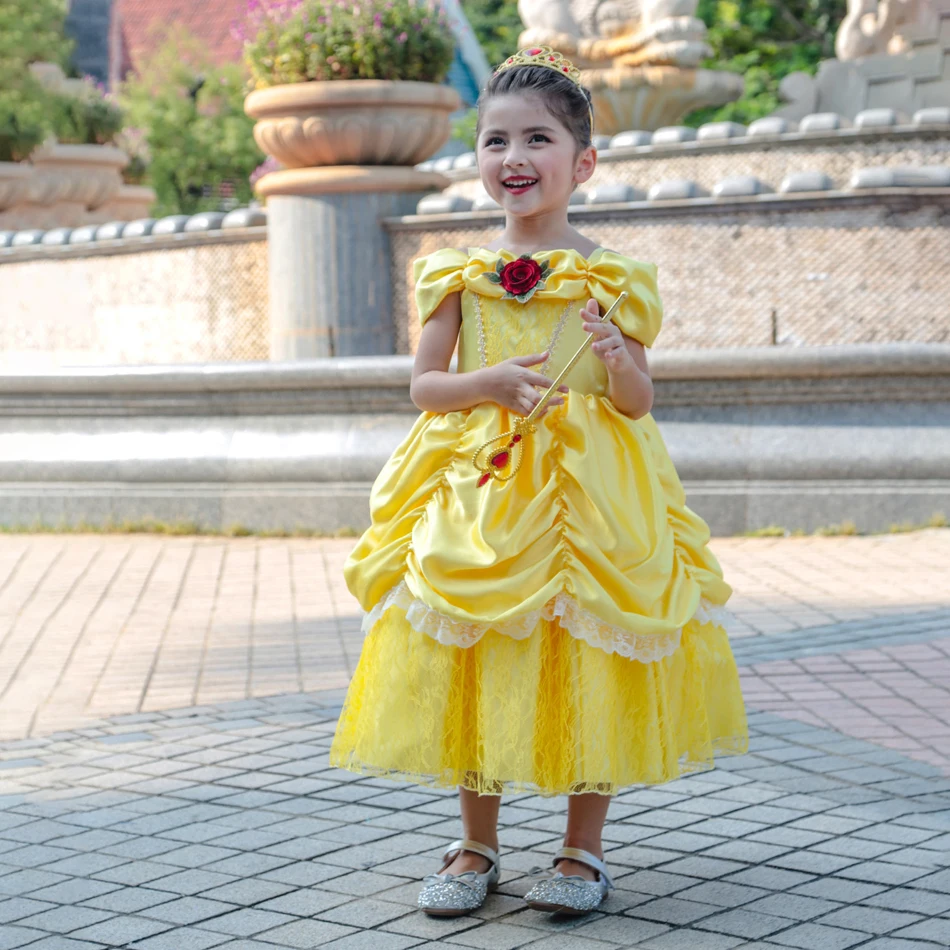 Vestido de Cosplay de bella para niñas, ropa de princesa de la Bella bestia, disfraz de fiesta con estampado de flores, hombros descubiertos, evento