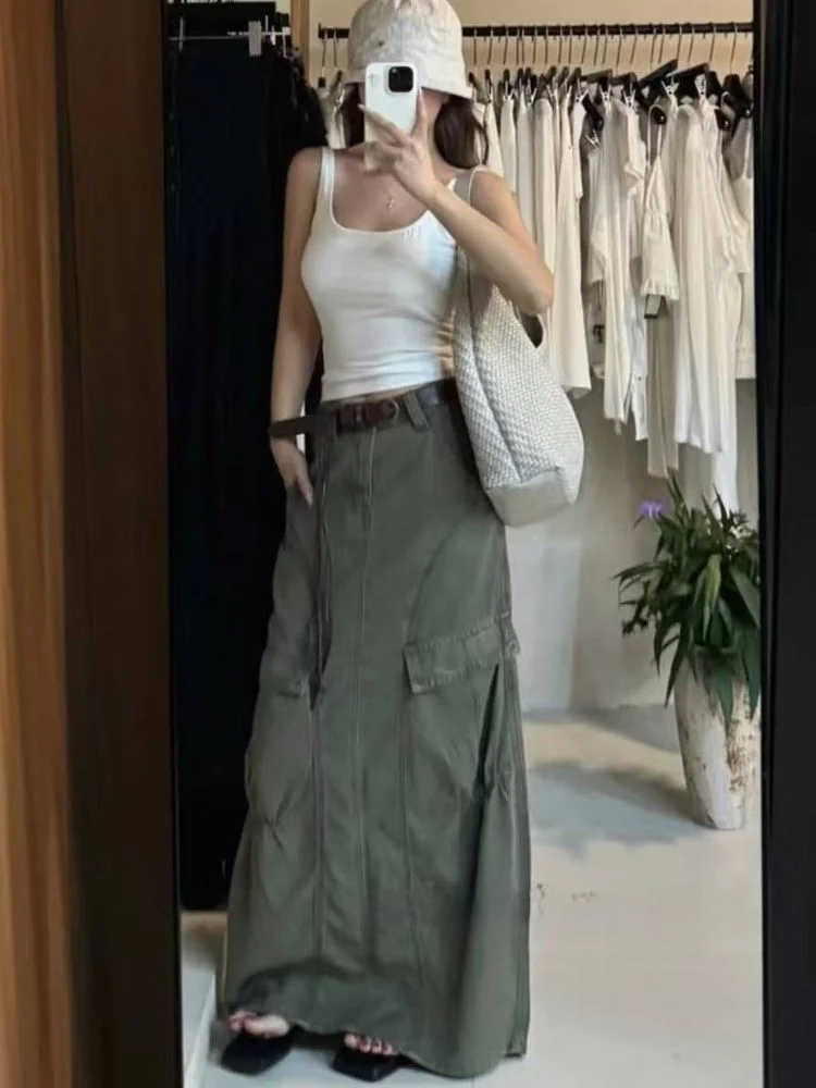 

High Quali Pure Cotton Workwear Long Skirt Korean Retro Personali f Skirt 2025 Autumn Large ket Ba Split f Skirt