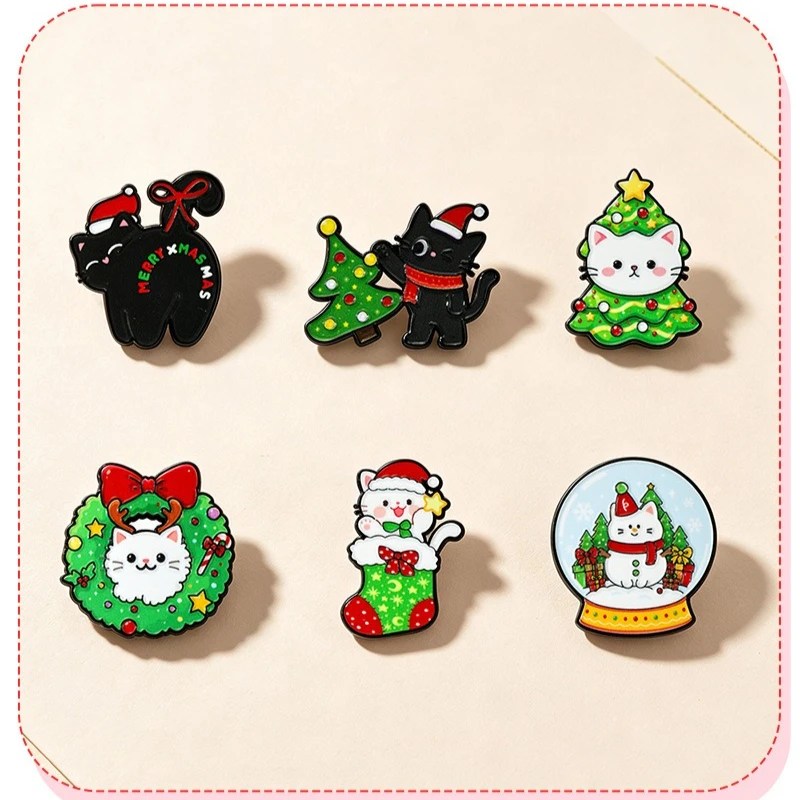 New Fashion Exquisite Christmas Brooch Cartoon Cute Cat School Bag Holiday Badge Decoration Pin DIY