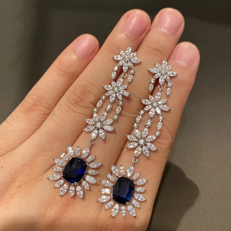 

Stylish Elegant Blue Zircon Long Flower Luxury Earrings