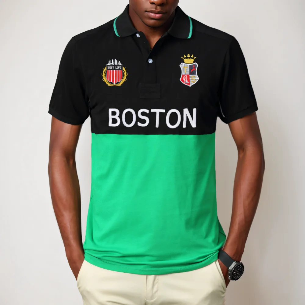 

TS Men's Polo Shirt Boston USA Casual Fashion Cotton Splicing Contrasting Color Black Green Golf Accessories Tshirts for Men