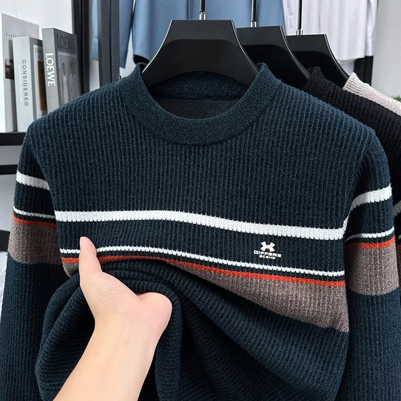 Striped Round Neck Sweater for Men, Winter New Style with Added Velvet and Thick Warm Knit Base Sweater for Men