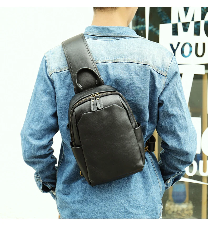 CFUN YA Men Genuine Leather Sling Bag 8012 Chest Crossbody Pack Double Zipper Front Pocket Adjustable Strap for Daily Travel