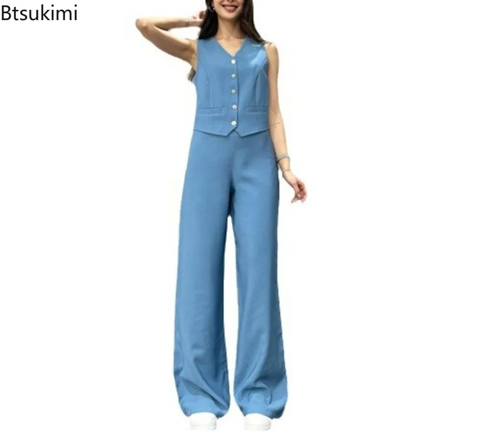 Summer New Long Pants Suit Women's Fashion V-neck Single-breasted Vest Wide Leg Pants Casual Two Piece Sets Women Matching Sets