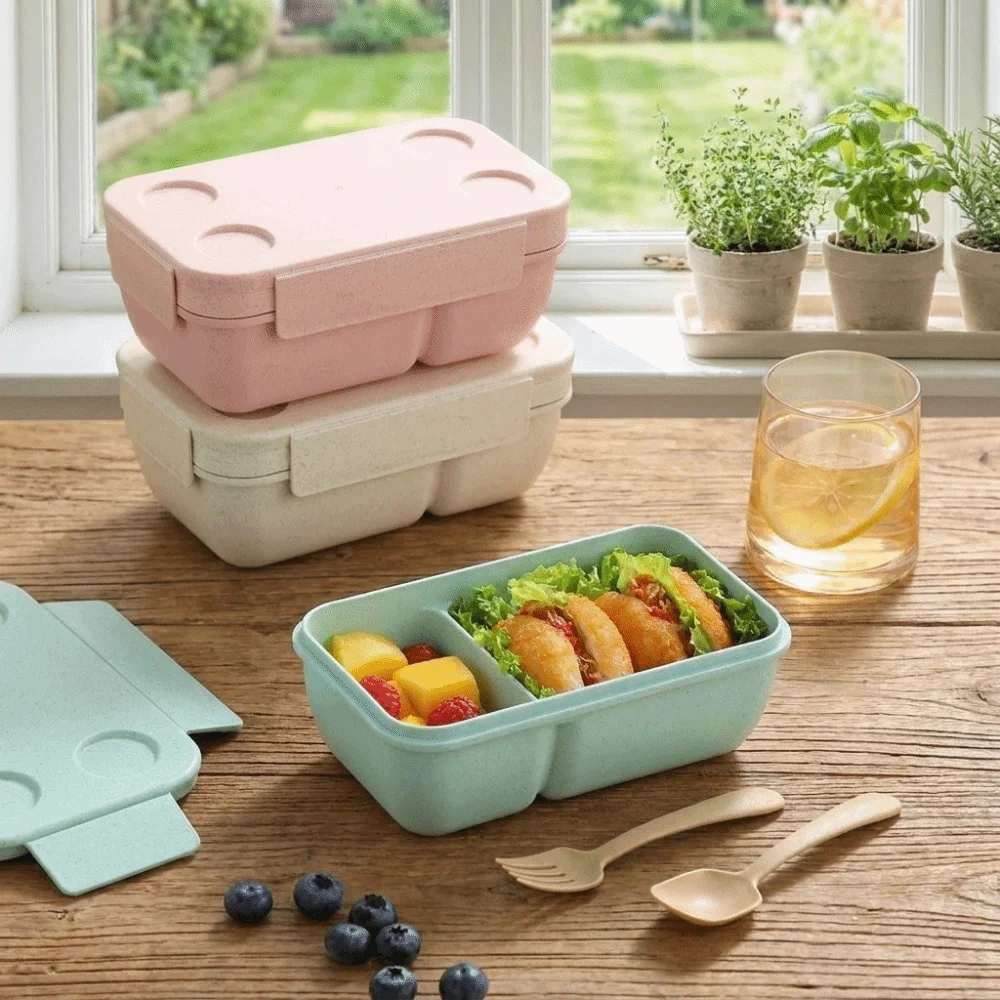 Wheat Straw Double-layer Lunch Box Food Grade 960/1250 Ml Meal Container Compartmentalized Leak-proof Food Container Student