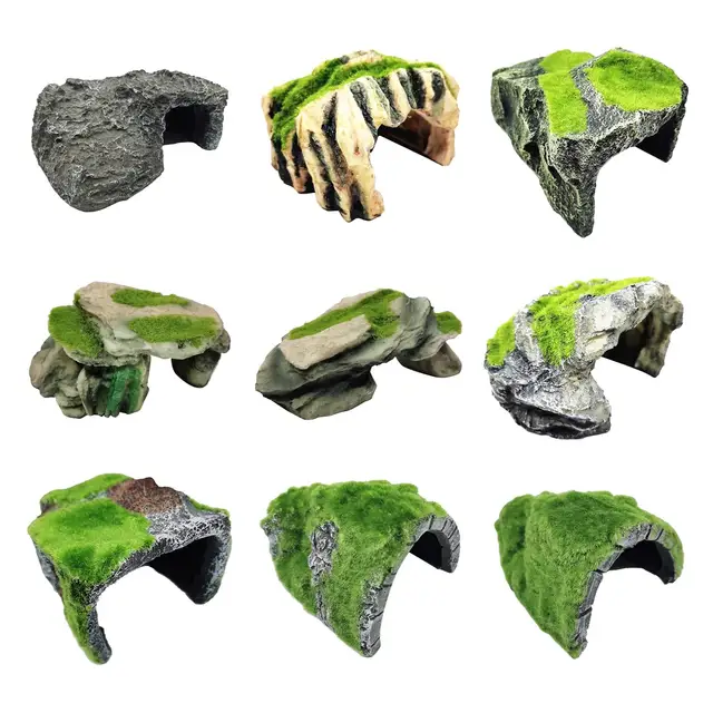 Symuluj mech Rockery Stone Reptile Hiding Cave Snake Turtle Hide Rest Fish Tank Landscaping Aquarium Decor