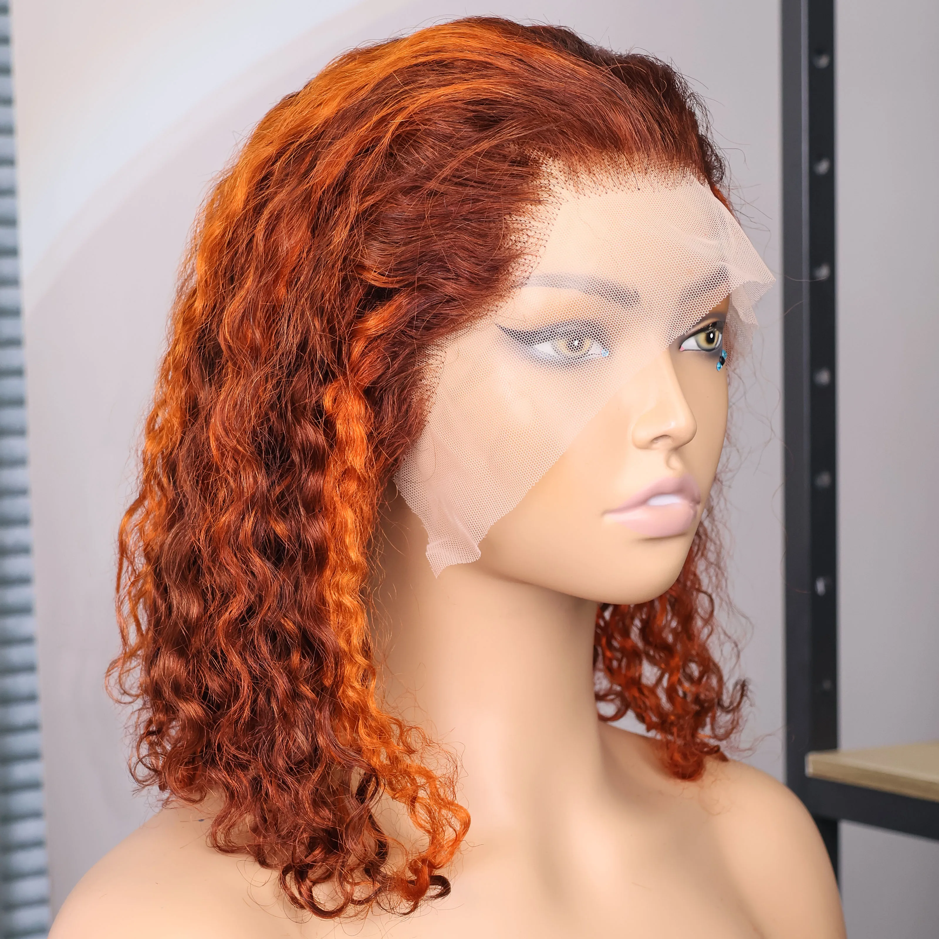 

Ombre Orange Ginger Human Hair Wig Short Bob Curly Wigs 4/350 Highlight Water Wave 13x4 Lace Frontal Human Hair Wig 200% Density