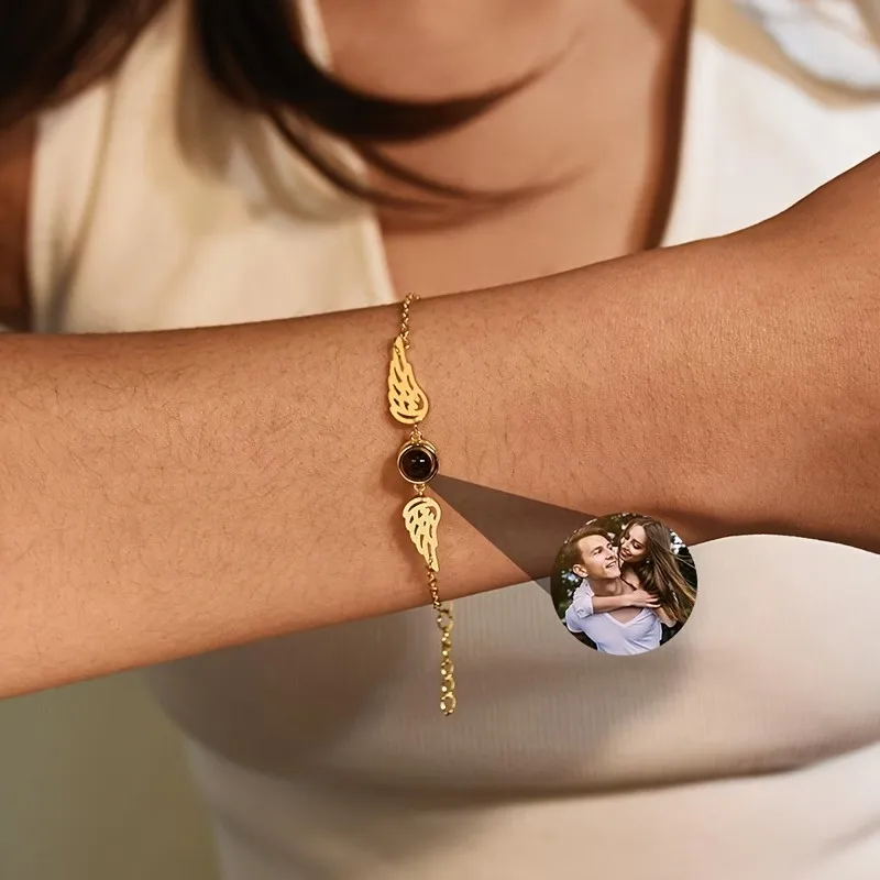 Custom Photo Bracelet Angel Wings Projection Bracelet Stainless Steel Minimalist Jewelry Bereavement Memorial Gift view 5