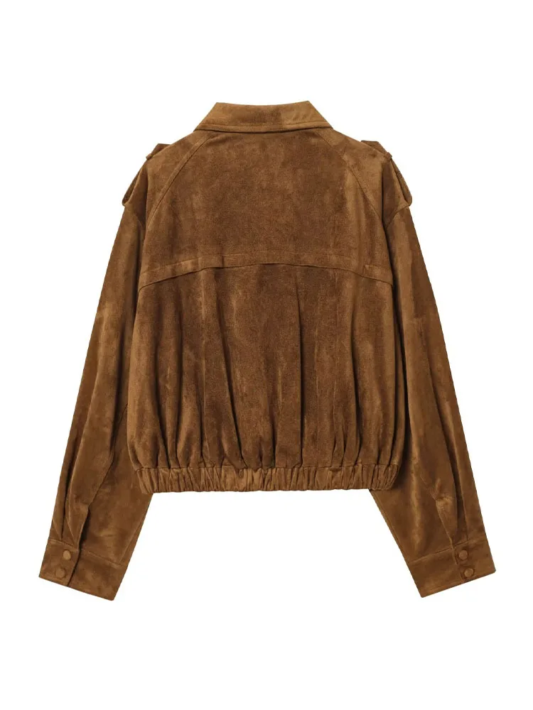 Damska kurtka zamszowa na jesień, uniwersalna, z klapami, długi rękaw, elegancka, w stylu high street, casualowa, z kieszeniami na zamek błyskawiczny, mujer.