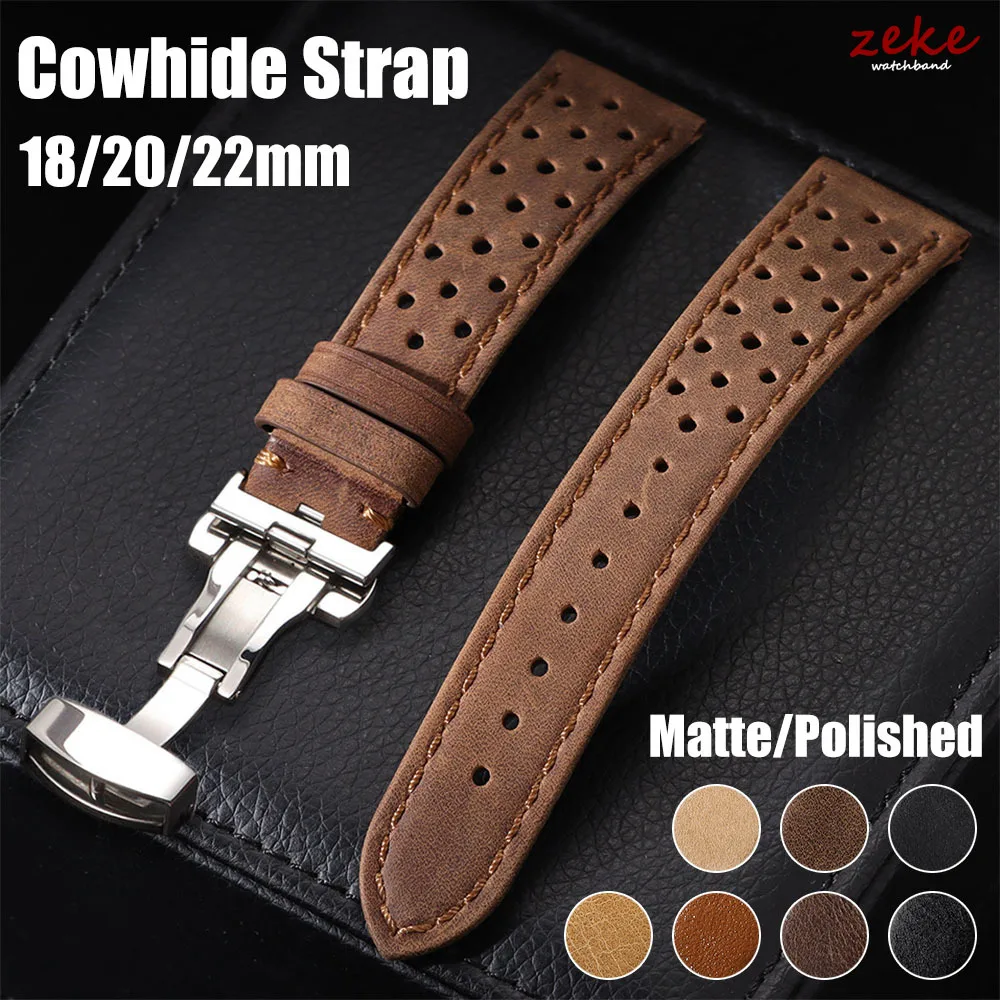 Universal Genuine Cowhide Watch Band Butterfly Buckle Vintage Straps for Men Women Breathable Bracelet Belt 18/20/22mm Wristband