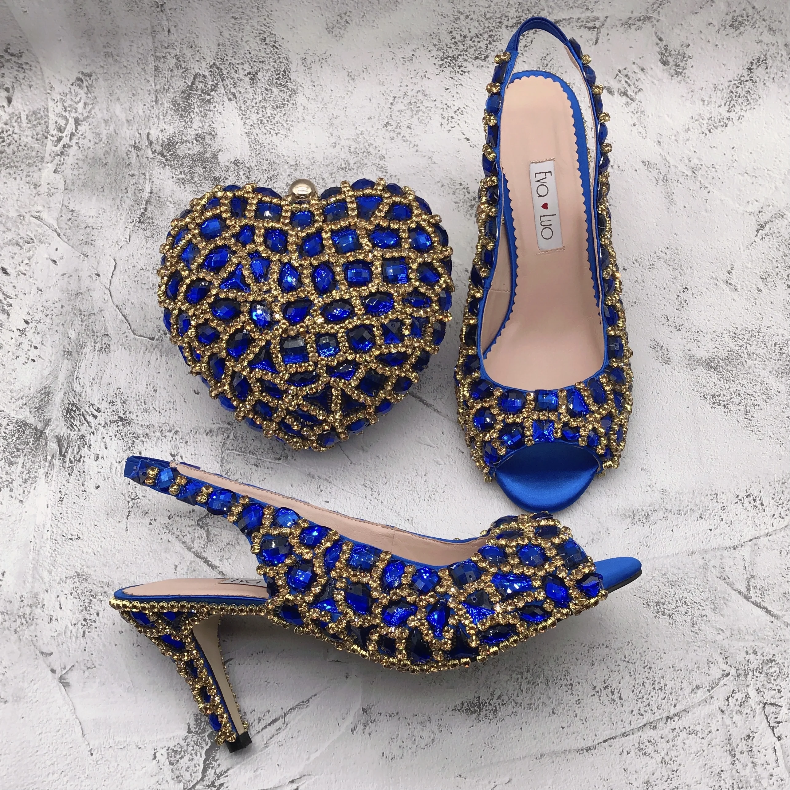 BS1566 Customizable Various Heel  Women Shoes Slingbacks Bridal Wedding Shoes Blue Gold Rhinestones Shoes With Matching Bag