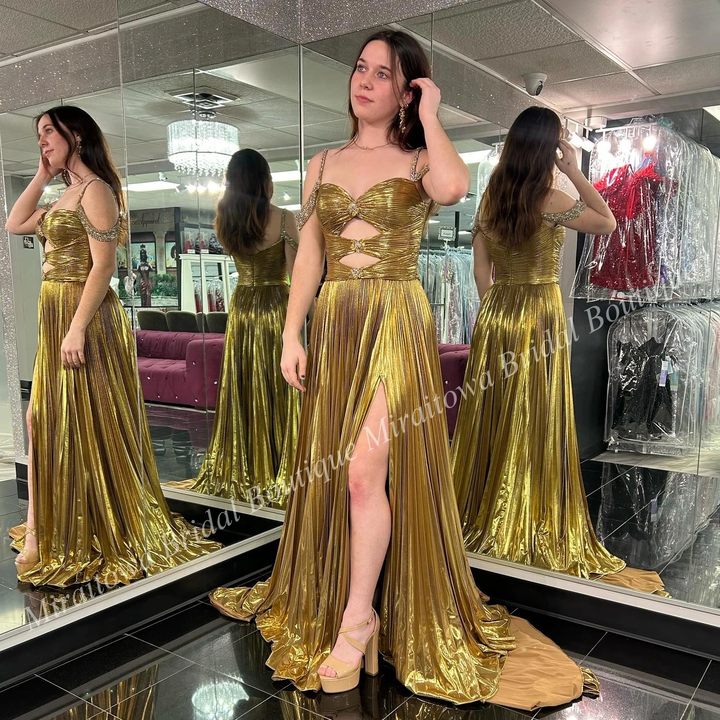 Gold Metallic Prom Dress Beaded Off-Shoulder Pleated Split Winter Formal Evening Party Gown Special Occasion Pageant Gala Oscar