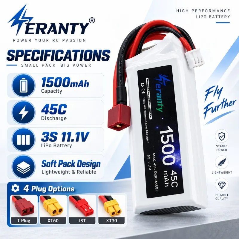 45C High Rate 11.1V 1500mAh RC Lipo Battery, Rechargeable Lithium Battery for Drone Fixed‑Wing RC Car Boat Model Accessorie