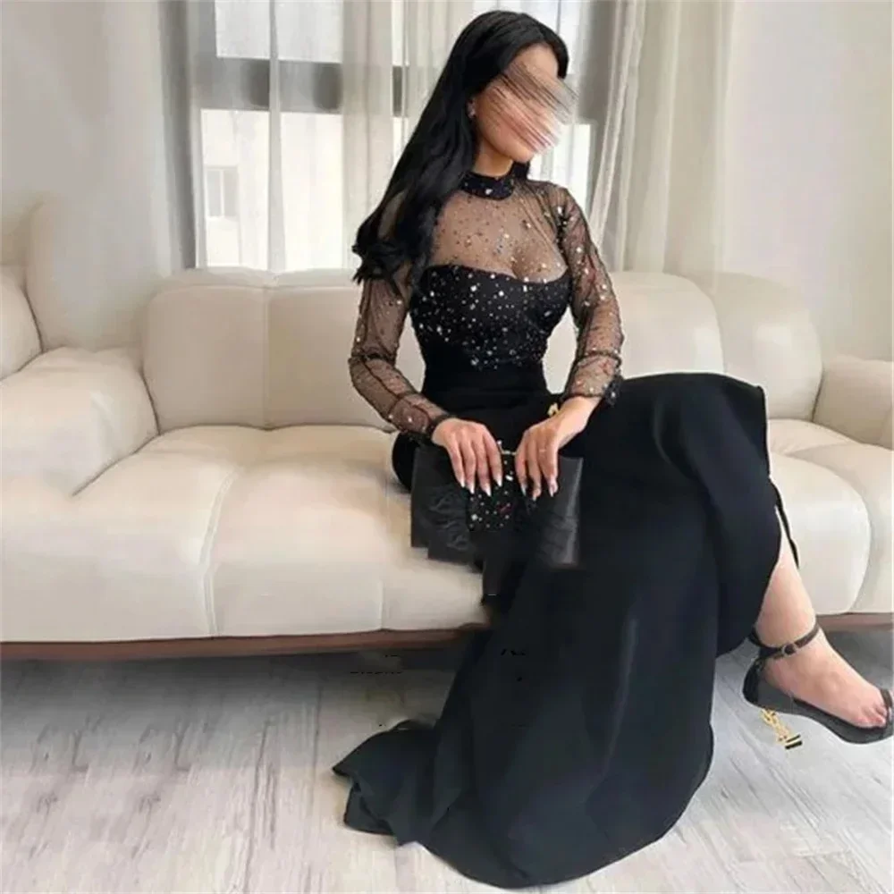 CustomizedElegant Mermaid High Collar Long Sleeve Satin Sequins Evening Dress With Zipper Back And Sweep Train For Women 2024 ف