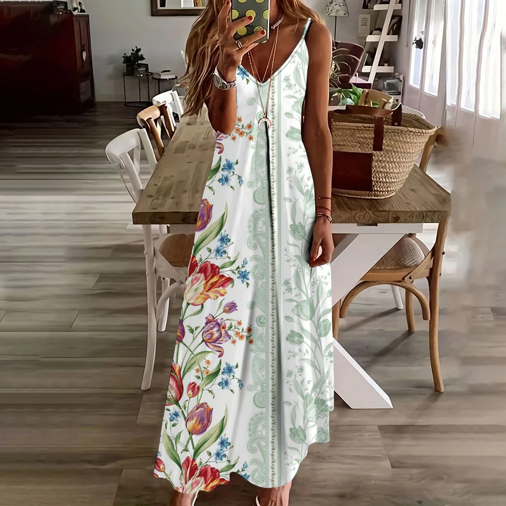 Women's Maxi Dress Floral Print Spaghetti Strap Long Dresses Casual Boho Sleeveless Summer Beach Sundress Loose Large Hem Dress