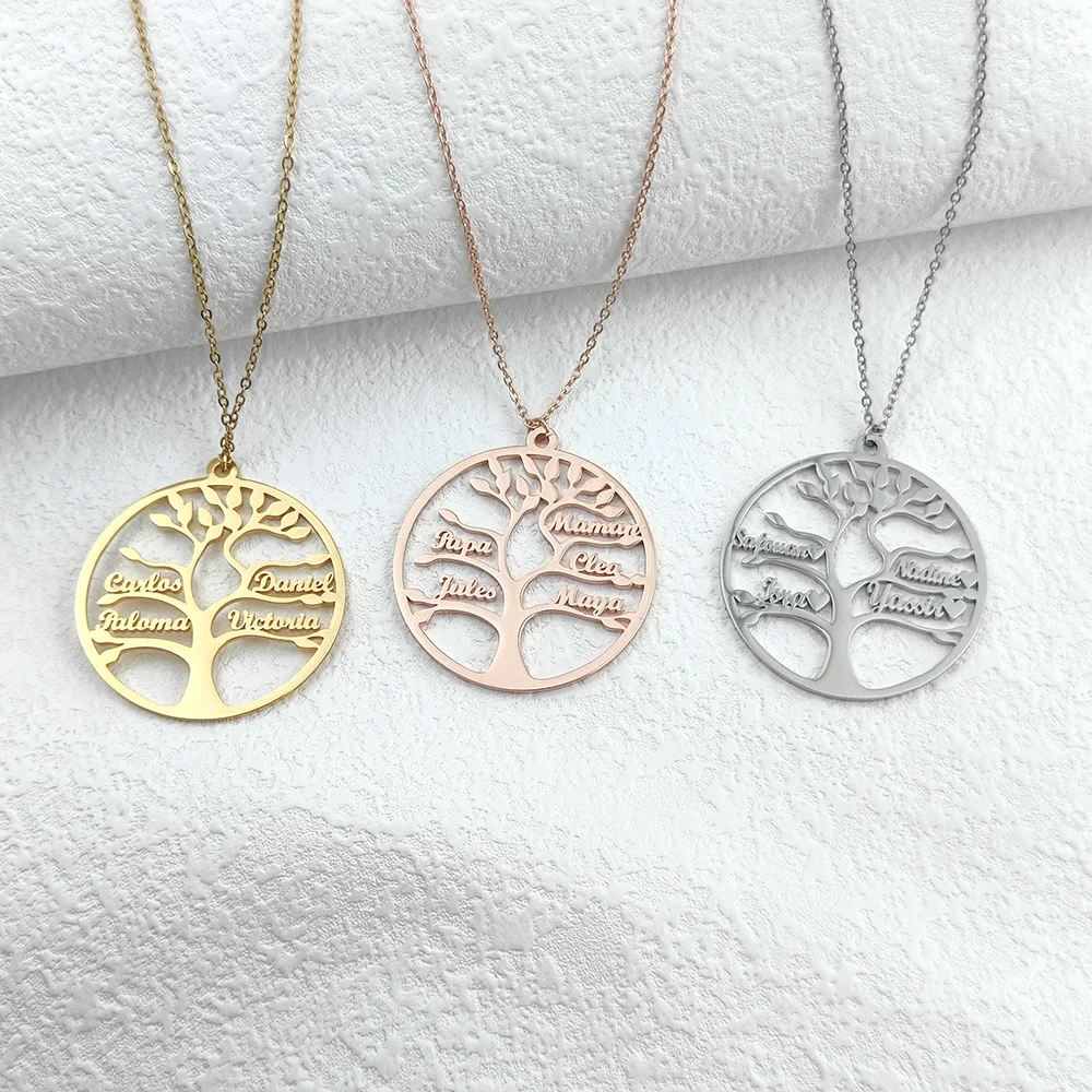 Custom 1-9 Names Stainless Steel Family Tree Pendant Necklace Women\'s Tree of Life Necklace  Family Nameplate Jewelry Fine Gifts