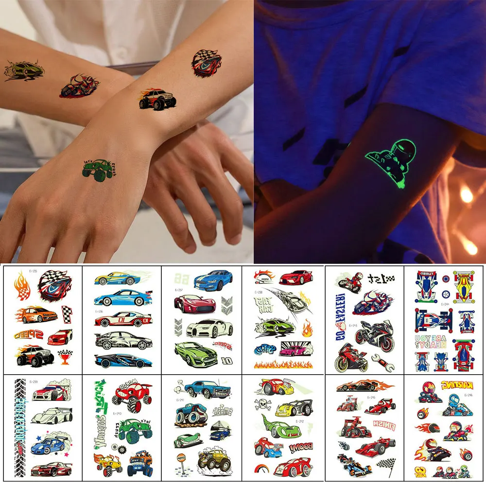 12 Sheets Waterproof Luminous Racing Motorcycle Tattoo Stickers Temporary Body Art Decor for Hand Party