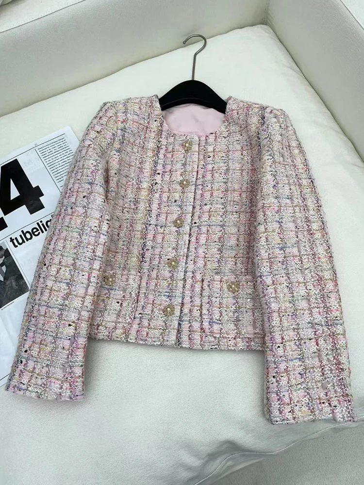 

Vintage woven tweed cashmere cardigan short jacket 2024 fall women's new fashion all-in-one silk lined straight jacket