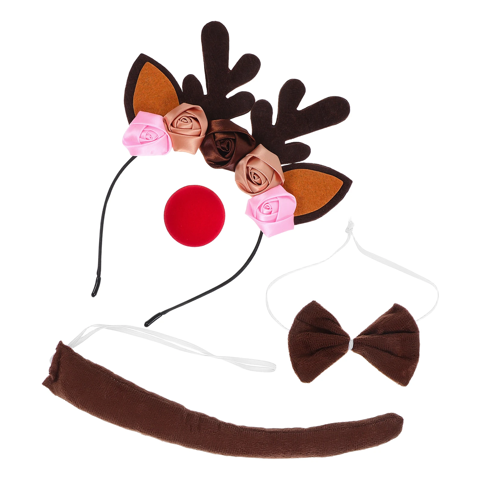 

1 Set Deer Headband Deer Costume Floral Reindeer Antlerwith Red Nose Deer Tail And Bowtie For Christmas Halloween Parties