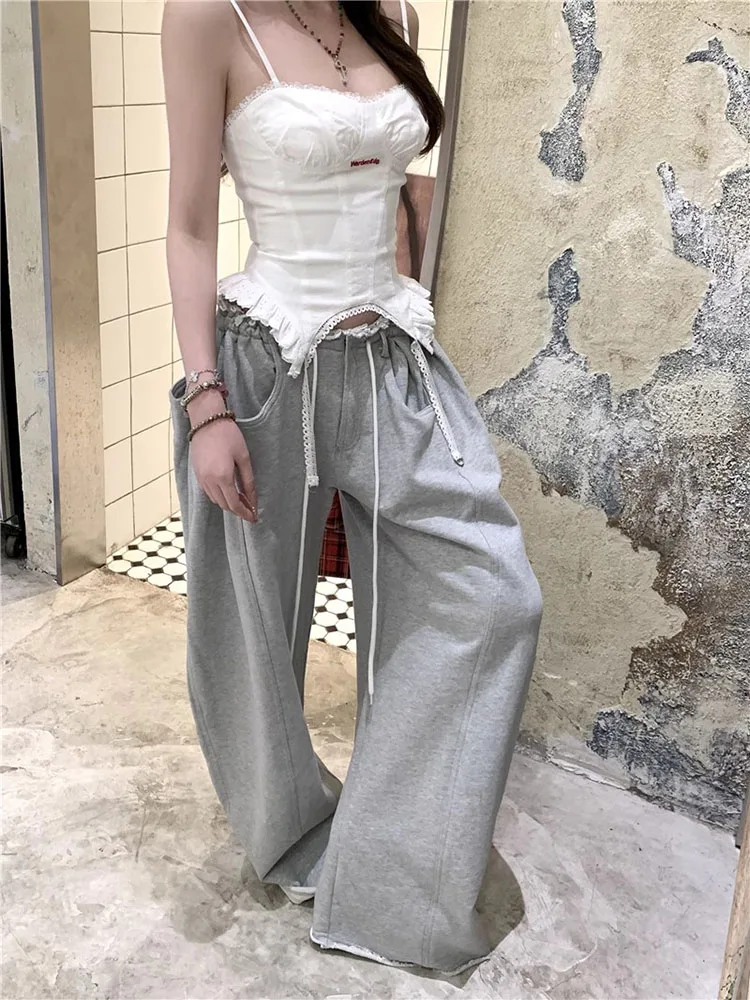 Koreanische Sle Faion Set Frauen Sommer 2025, Neue Unregelmäßige Riemen und Breite Bein Hosen Zwei Stück Set Chic Ele Lange Hosen