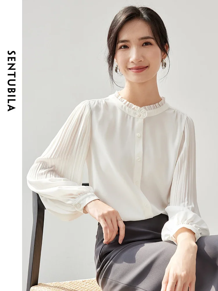 

SENTUBILA Elegant Texture White Shirt Women 2024 Autumn Chiffon Loose Folds Long Sleeve Round Collar Simple Blouse 143C56665