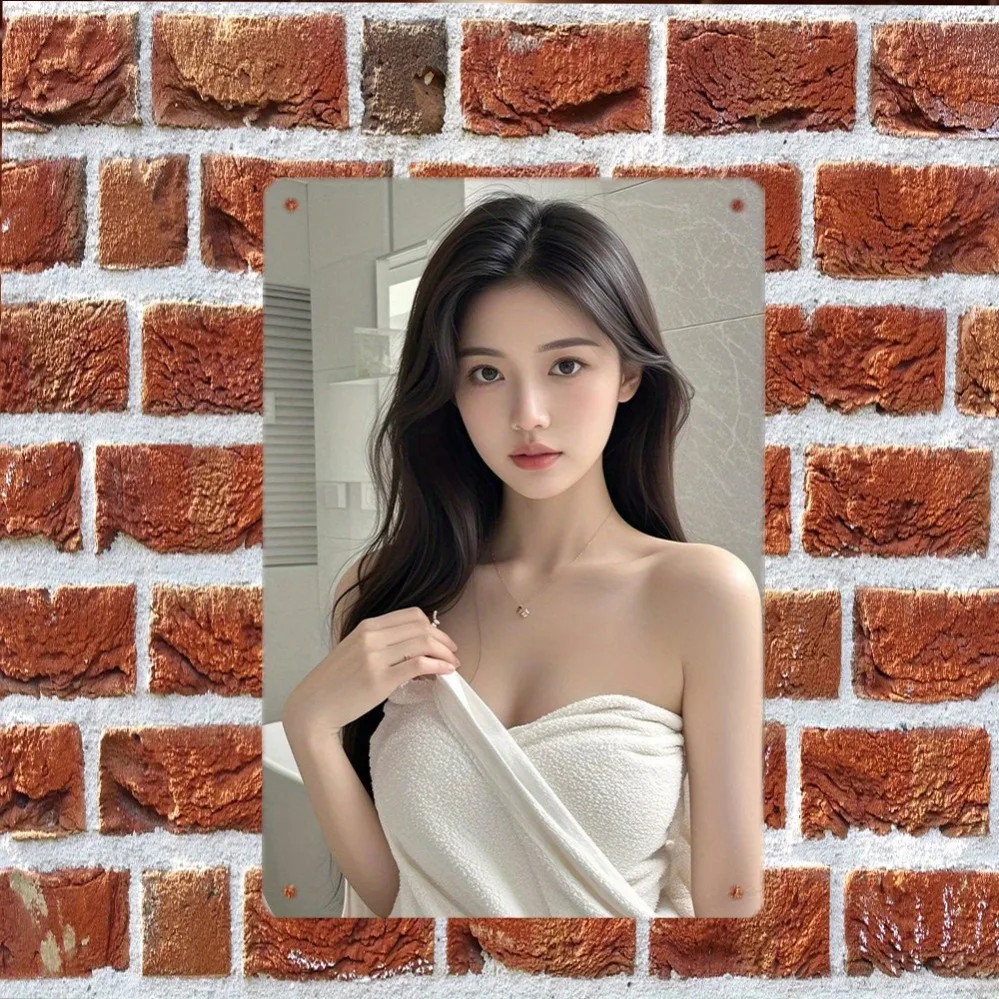 2026 Metallschild, Elegantes Asiatisches Mädchen in Weißem Handtuch Vintage Metallposter, Minimalistische Ästhetische Wandkunst für Spa und Badezimmer