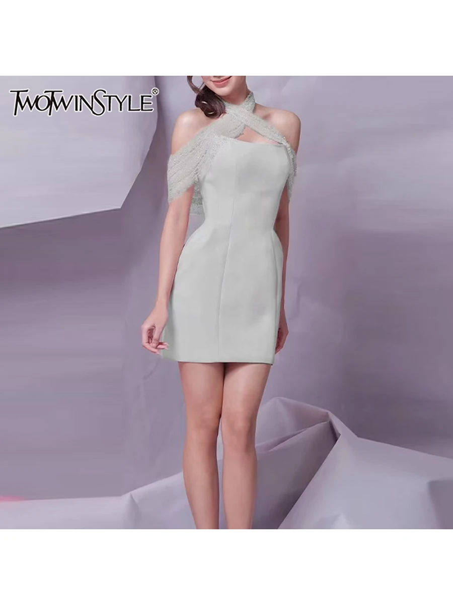 

TWOTWINSTYLEsolid Slimming Spliced Bright Silk Elegant Dresses for Women Halter Off Shoulder Tunic Mini Dress Female Fashion New