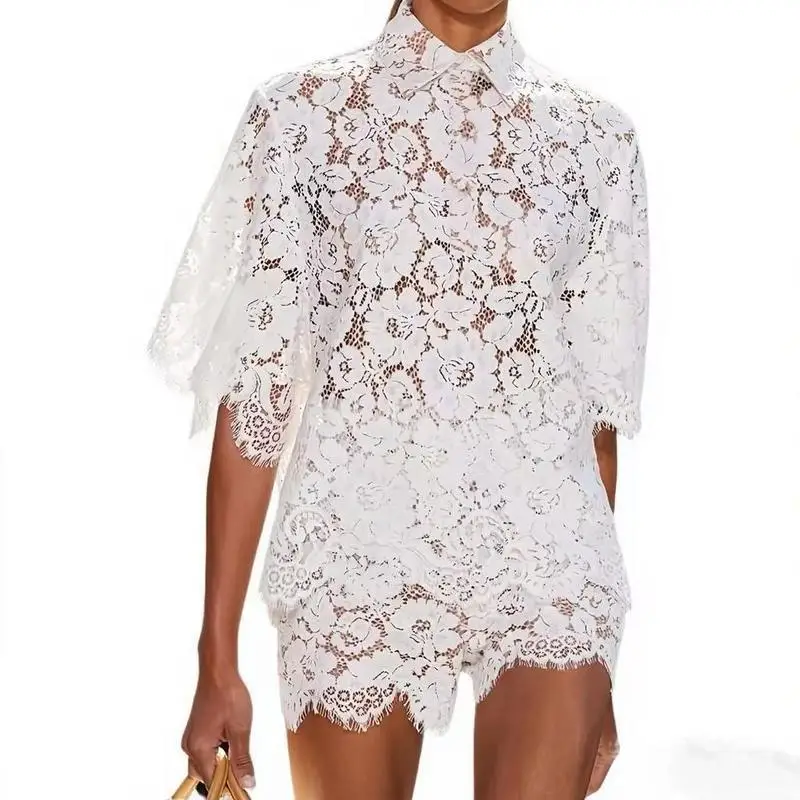 

Collar Lace Top Shorts Set Women's Fashion Summer Outfit Cross-Border Neck Design Elegant Casual Set for Ladies