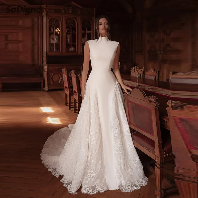 

SoDigne A-line Boho Satin/Lace Wedding Dress High Neck Sleeveless Morden Bride Dresses Bridal Gowns Robe De Mairee Customized