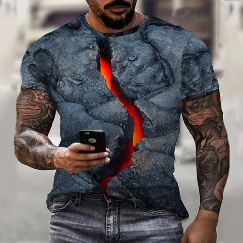 Summer Fissure Volcanic Lava Tshirt Men 2022 Geometric 3D Printed T Shirt Short Sleeve Tops Mens Clothing Fashion Oversized Size