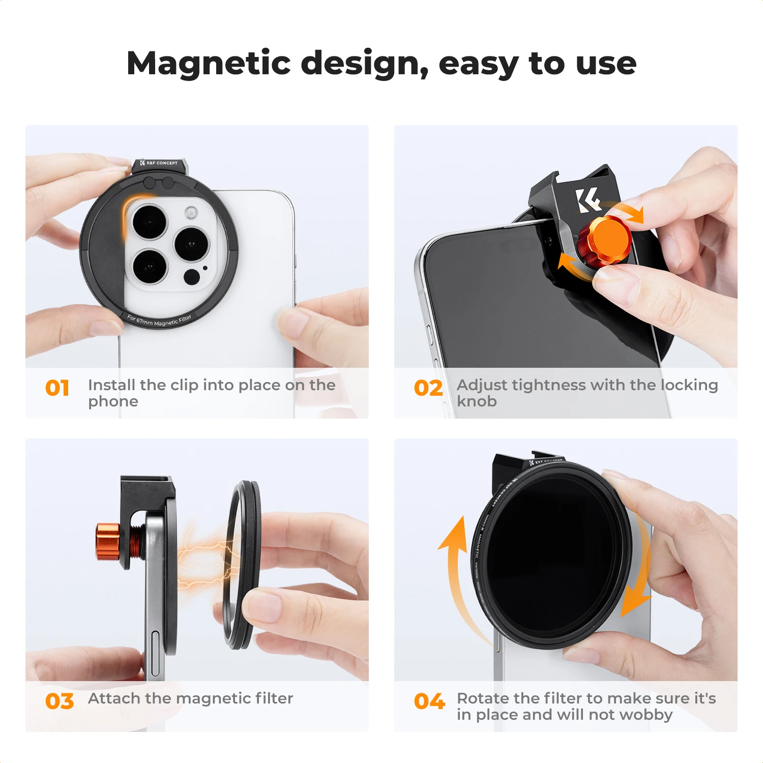 K&F Concept 67mm Variable Phone ND2-32 Filter Clip-On Magnetic VND Filter (1-5 Stop) For Iphone Huawei Xiaomi Phones Camera Lens