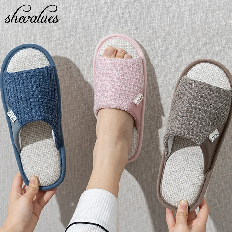 

Shevalues New Home Linen Slippers For Women Summer Indoor Open Toe Slippers Men Couple Flip Flops Bedroom Breathable Mute Slides