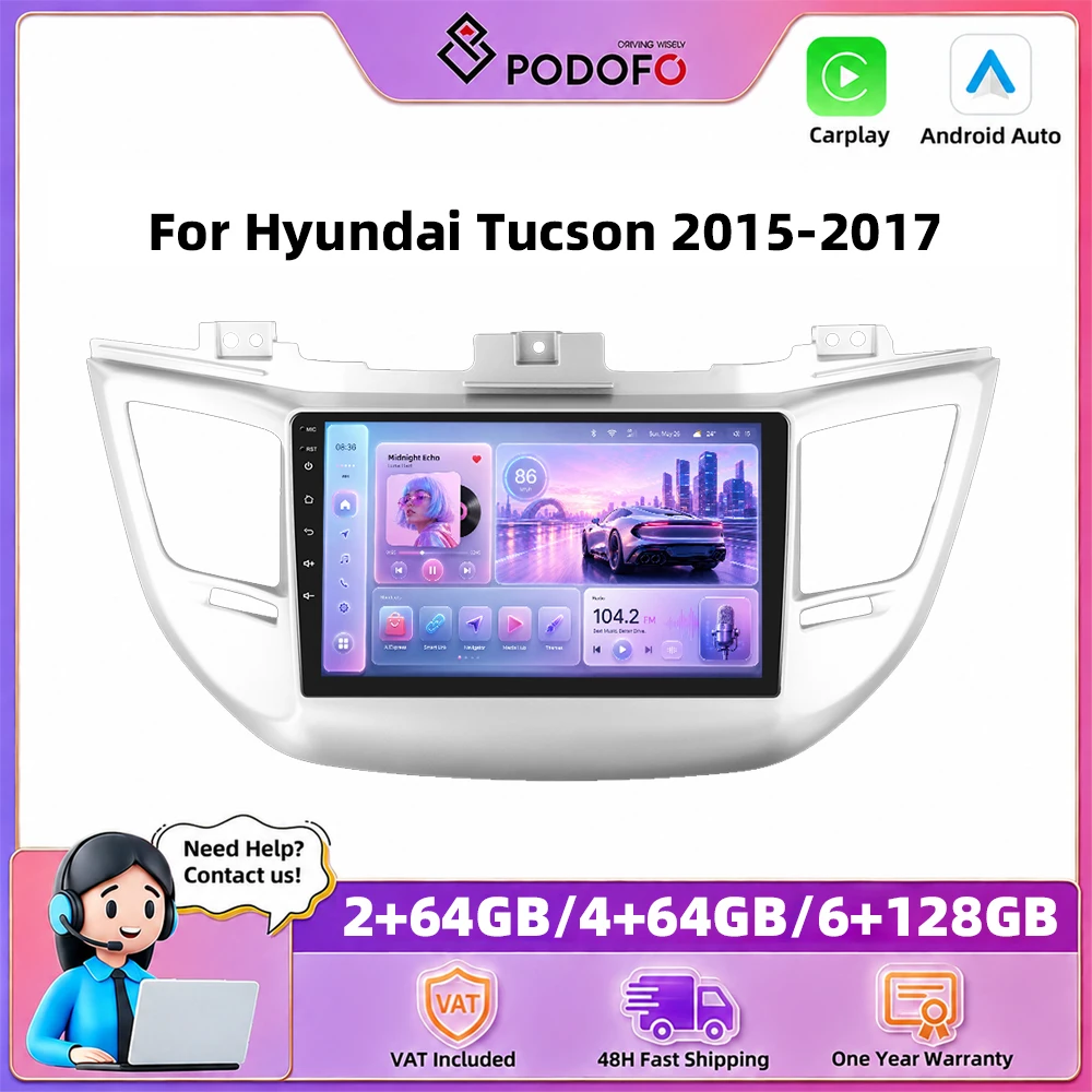 Podofo – autoradio 9 pouces pour Hyundai Tucson 2015-2017, Carplay sans fil, Android Auto, systèmes de voiture intelligents, navigation GPS, lecteur multimédia, MirrorLink, BT, WIFI, unité principale