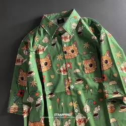 Boho Graffiti Cartoon Cat Full Print Ins Retro Short-sleeved Flower Lining Men and Women Hawaii Japanese Thai Beach Shirts 2026